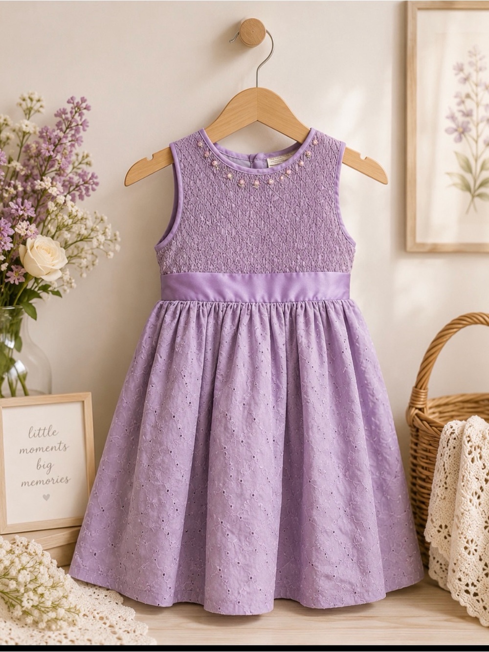 Elegant smocked Lavender cotton Sleeveless Kids Dress size 5